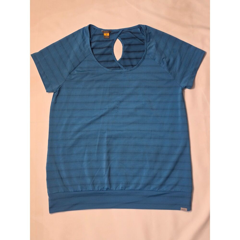 Eddie Bauer Women's Size L Blue Striped Travex Keyhole Back Athletic Top Shirt